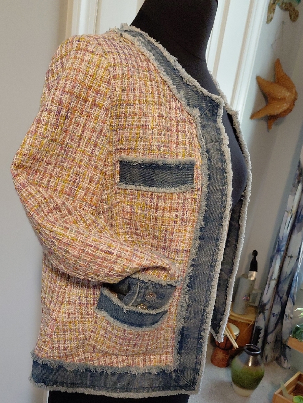 Nanette Lepore Pink Multicolor Tweed Jacket with Denim Trim